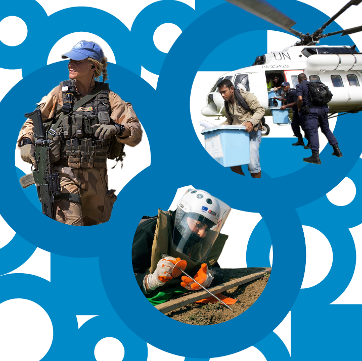 The UN's work on Peace and Security UN staff at work in the field: one deactivating mines, one carrying supplies from a helicopter, one patrolling the streets